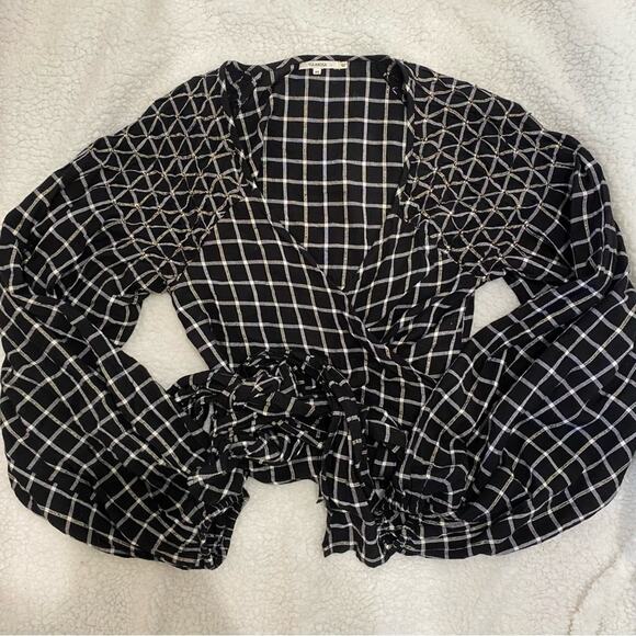 Tularosa Camille Wrap Top Black White Plaid Long Sleeve Blouse Sz XS - Picture 2 of 9